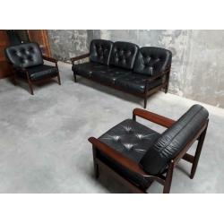 Vintage bankstel leder bank fauteuils zetels 3+1+1 Deens ?