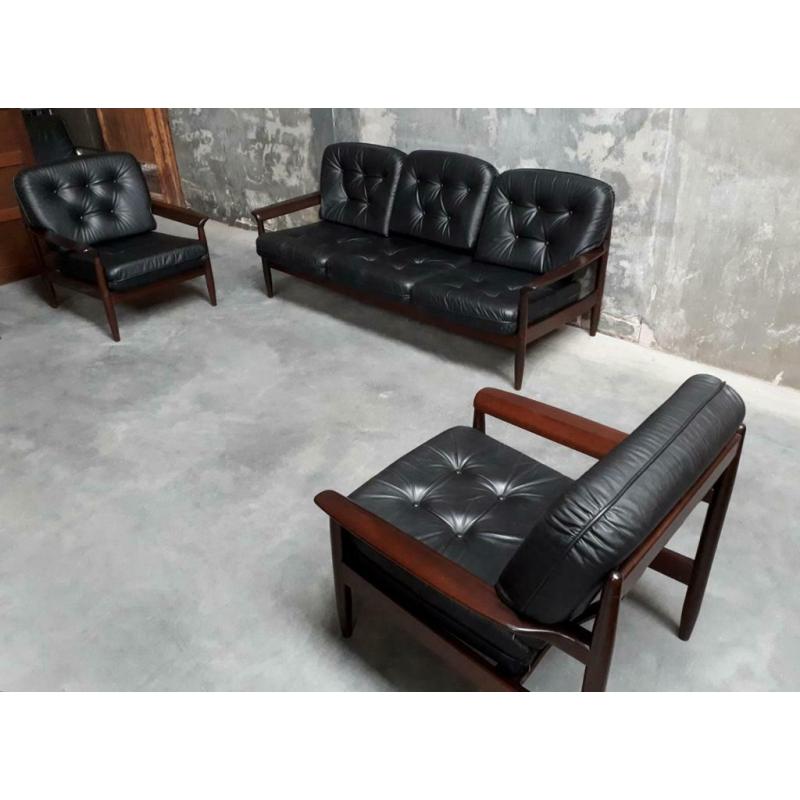 Vintage bankstel leder bank fauteuils zetels 3+1+1 Deens ?